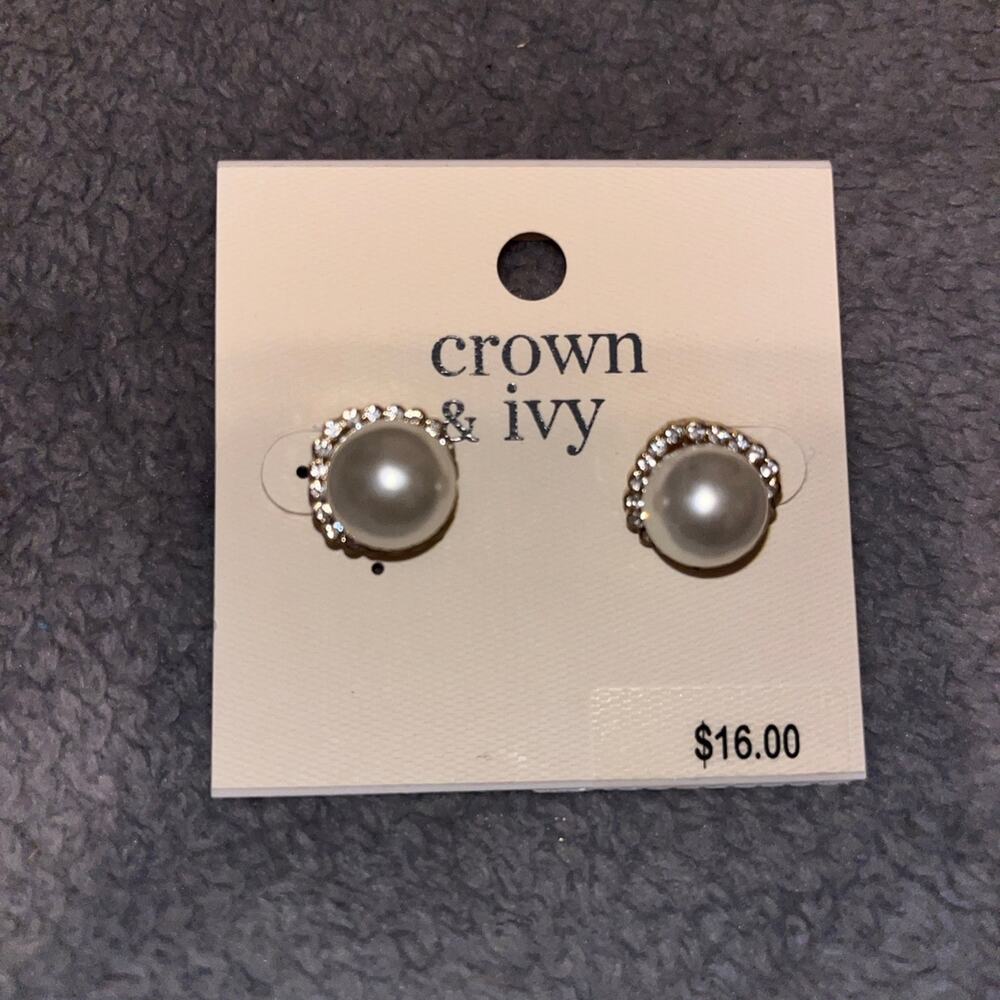 Crown & Ivy Pearl Stud Earrings with Crystals - NEW